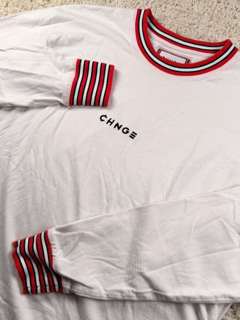 CHNGE Men's White Long Sleeve Logo T-Shirt Striped Trim Size XL